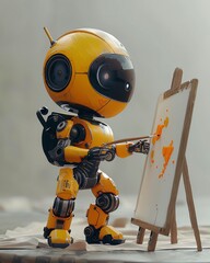 Wall Mural - cute robot is painting on canvas