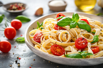 Wall Mural - tasty traditional italian pasta tagliatelle with tomatoes and basil