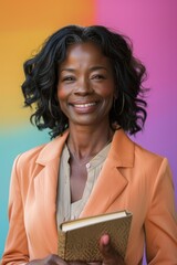 Wall Mural - Portrait of a smiling woman in a peach blazer holding a book