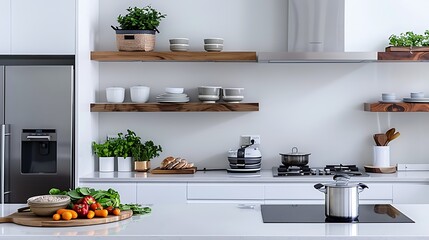 Canvas Print - European style kitchen with sleek, modern design, open shelving, and high-end appliances, copy space for text, sharp focus and clear light, high clarity no grunge, splash, dust, noise