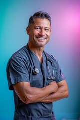 Wall Mural - Portrait of a smiling male doctor with arms crossed, wearing scrubs and a stethoscope