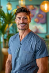 Wall Mural - A smiling man in blue scrubs stands in a modern office