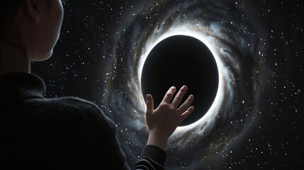 woman's hand touching a black hole