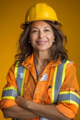 Wall Mural - Portrait of a smiling woman construction worker wearing a hard hat and safety vest