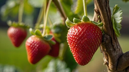 Wall Mural - closeup delicious red strawberry on tree in farm