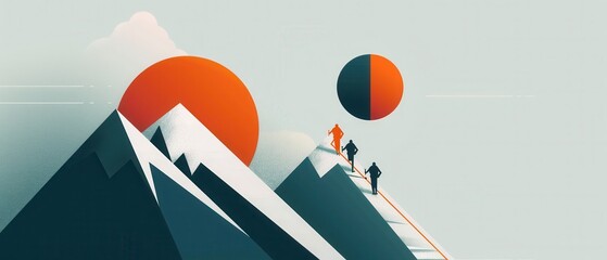 Abstract illustration of two figures climbing stylized mountains with sun and moon in the background, highlighting adventure and determination.