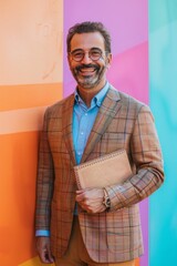 Wall Mural - A man in a brown plaid blazer smiles and holds a notebook against a colorful background