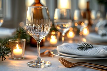 Elegant table setting with decorated wine glasses, candles, and soft lighting for a romantic evening.