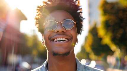 Canvas Print - Backlit Headshot of a smiling young man wearing sunglasses