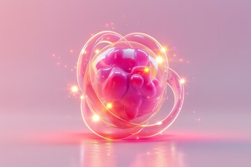 Sticker - Glowing pink atom with a neon effect, modern digital illustration