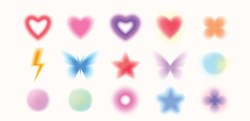 Poster - Y2k blur gradient shapes vector illustration set. Abstract aesthetic