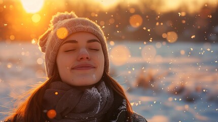 Wall Mural - Backlit Portrait of calm happy smiling free woman with closed eyes enjoys a beautiful moment life on the fields in winter time snowing at sunset