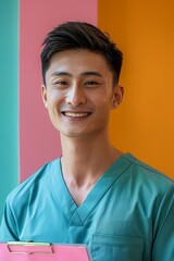 Wall Mural - Happy smiling doctor holding a clipboard, wearing a green scrub shirt