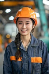 Wall Mural - A young woman wearing a hard hat and work clothes smiles at the camera while standing in a factory setting