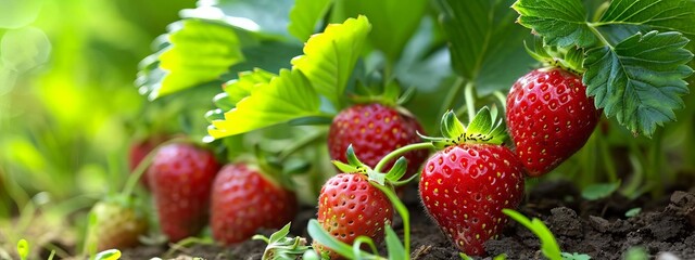 Wall Mural - Strawberries growing in the garden, selective focus. Generative AI,