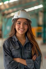 Wall Mural - Portrait of a young woman in a hard hat and work clothes, smiling with her arms crossed