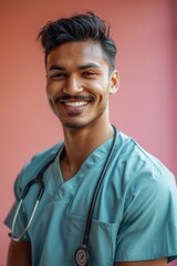 Wall Mural - Portrait of a smiling male doctor in blue scrubs wearing a stethoscope