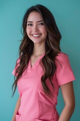 Wall Mural - Smiling female healthcare worker in pink scrubs against a teal background