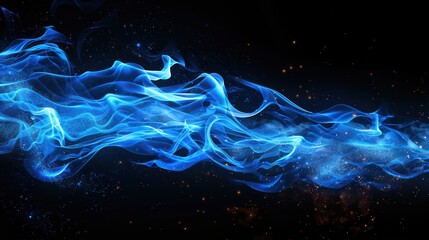 Blue fire and flames on a black background, striking contrast, illustration background