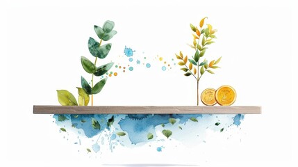 Abstract illustration of two plants with a wooden shelf and watercolors.