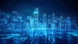 © kanesuan - A futuristic cityscape rendered in digital wireframes, showcasing the integration of Building Information Modelling (BIM) technologies