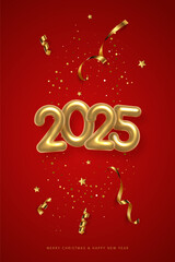 Wall Mural - 2025 balloon numbers on New Year greeting card vector template. Festive Christmas social media banner design with congratulations. Golden numbers with confetti illustration on red vertical background