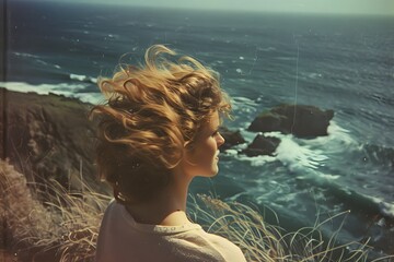 Wall Mural - A vintage 90s image of a young woman with windblown hair, standing on a cliff overlooking the ocean, waves crashing against the rocks below 