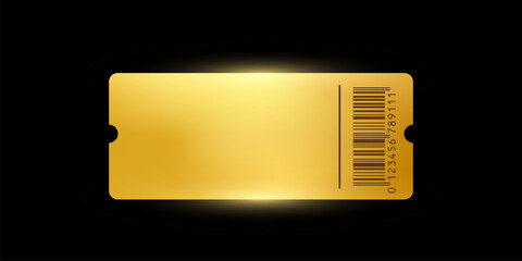 Wall Mural - Golden ticket. Gold vector coupon, sticker or discount tag mockup isolated on black background. Cinema, theater, concert, party, event, festival invitation entrance