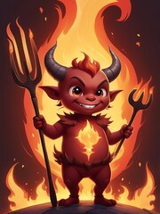 Wall Mural - Generative AI. Devil Holding A Pitchfork With Flame Background. T-shirt Design