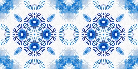 Wall Mural - Indigo blue tie-dye handmade textile seamless border. Asian style abstract blotched dyed effect tape.