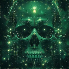 Poster - green skull with digital circuitry and glowing lights
