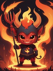 Canvas Print - Generative AI. Devil Holding A Pitchfork With Flame Background. T-shirt Design