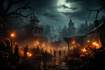 Wall Mural - A Halloween party overrun by zombies with glowing jack-o'-lanterns scattered around