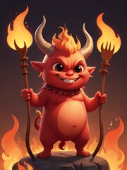 Wall Mural - Generative AI. Devil Holding A Pitchfork With Flame Background. T-shirt Design