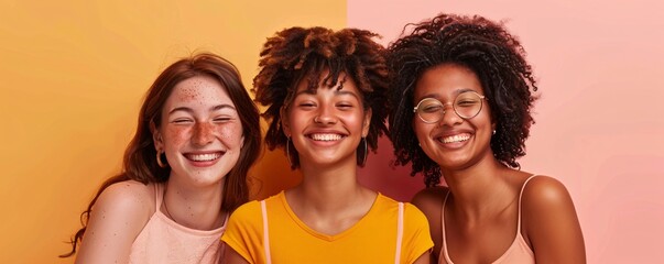 Wall Mural - Three diverse and joyful young women posing together with lovely smiles