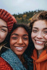 Wall Mural - Three young women are happily posing for a photo together on a beautiful autumn day