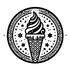 ice cream in decorative emblem ornament, Victorian, art deco, art nouveau, boho, bohemian,  folk, flourish