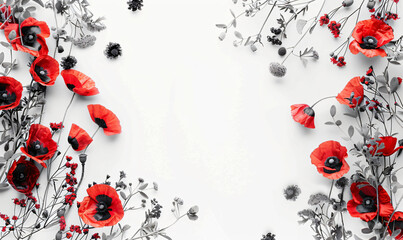 Wall Mural - Photo of Red poppies on white background, border frame decoration, corner design element for text space in the middle. Black gray flowers, decorative floral border edge isolated on transparent backgro