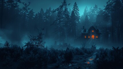 Wall Mural - Dark night scary horror background with haunted house in the woods