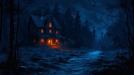 Wall Mural - Dark night scary horror background with haunted house in the woods