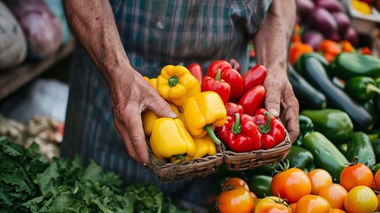 Canvas Print - Fresh vegetables in the hands of a man. selective focus. Generative AI,