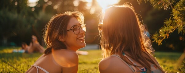 Wall Mural - Two young women are lying on the grass in a park, enjoying the summer sun and each other's company