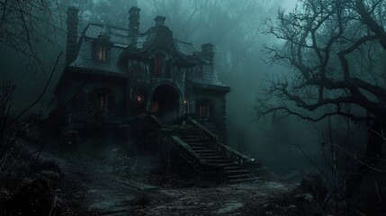 Wall Mural - Dark scary horror background with haunted house in the woods