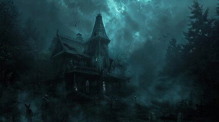 Wall Mural - Dark scary horror background with haunted house in the woods
