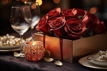 Wall Mural - Elegant table setting with red roses in a box alongside a decorative candle.