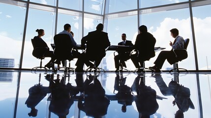 Poster - Silhouetted business meeting in a modern office with glass windows showcasing a bright sky.