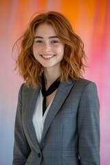 Wall Mural - Portrait of a young woman with red hair and freckles, smiling in a grey blazer, standing against a colorful blurred background.