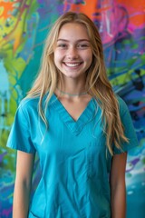 Wall Mural - A beautiful young woman doctor in a blue medical uniform with a stethoscope smiles warmly at the camera.