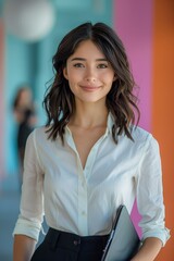 Wall Mural - A confident young woman in a white button-down shirt and black pants holds a laptop in her hands, standing in front of a colorful wall.