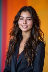 Wall Mural - A young woman with long brown hair smiles confidently, wearing a black blazer against a vibrant orange and red background.